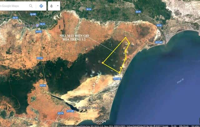 Vị trí dự án Nhà máy điện gió Hòa Thắng qua bản đồ vệ tinh 